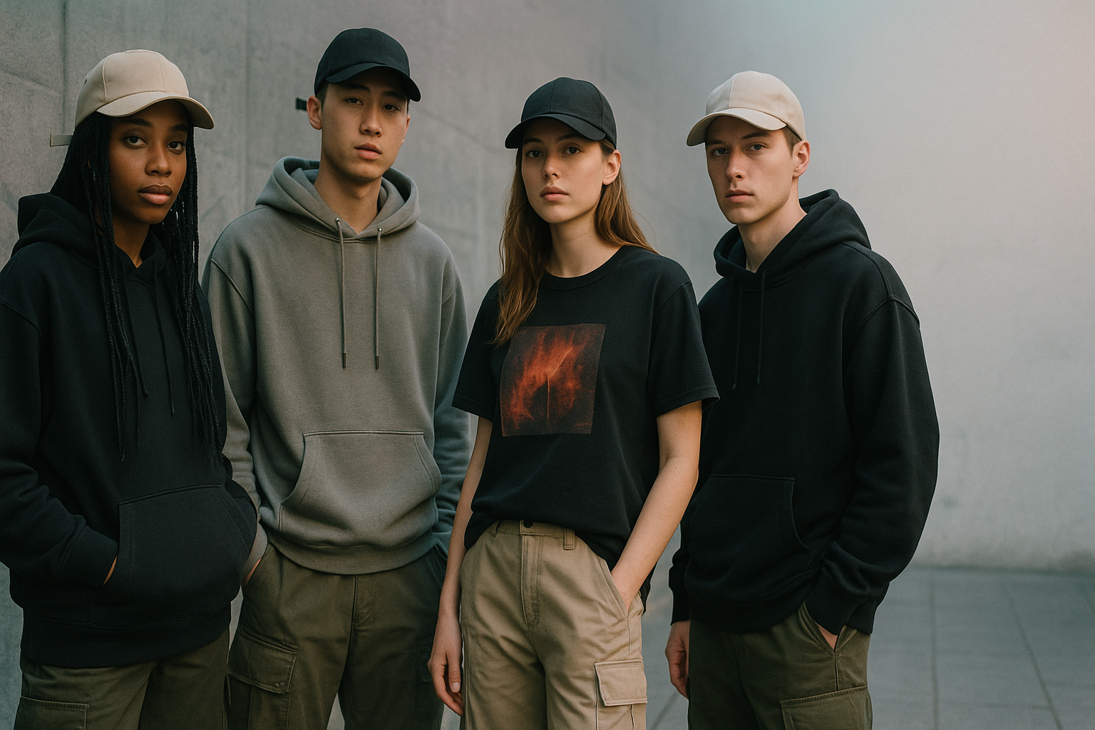 A modern streetwear hero banner design. A diverse group of models wearing snapbacks, dad caps, oversized hoodies, graphic tees, and cargo pants. Urban city vibe with graffiti textures and neon glow accents, but kept minimal and clean so text and buttons stand out. High-resolution, wide panoramic layout, cinematic composition, soft lighting, stylish editorial photography aesthetic.