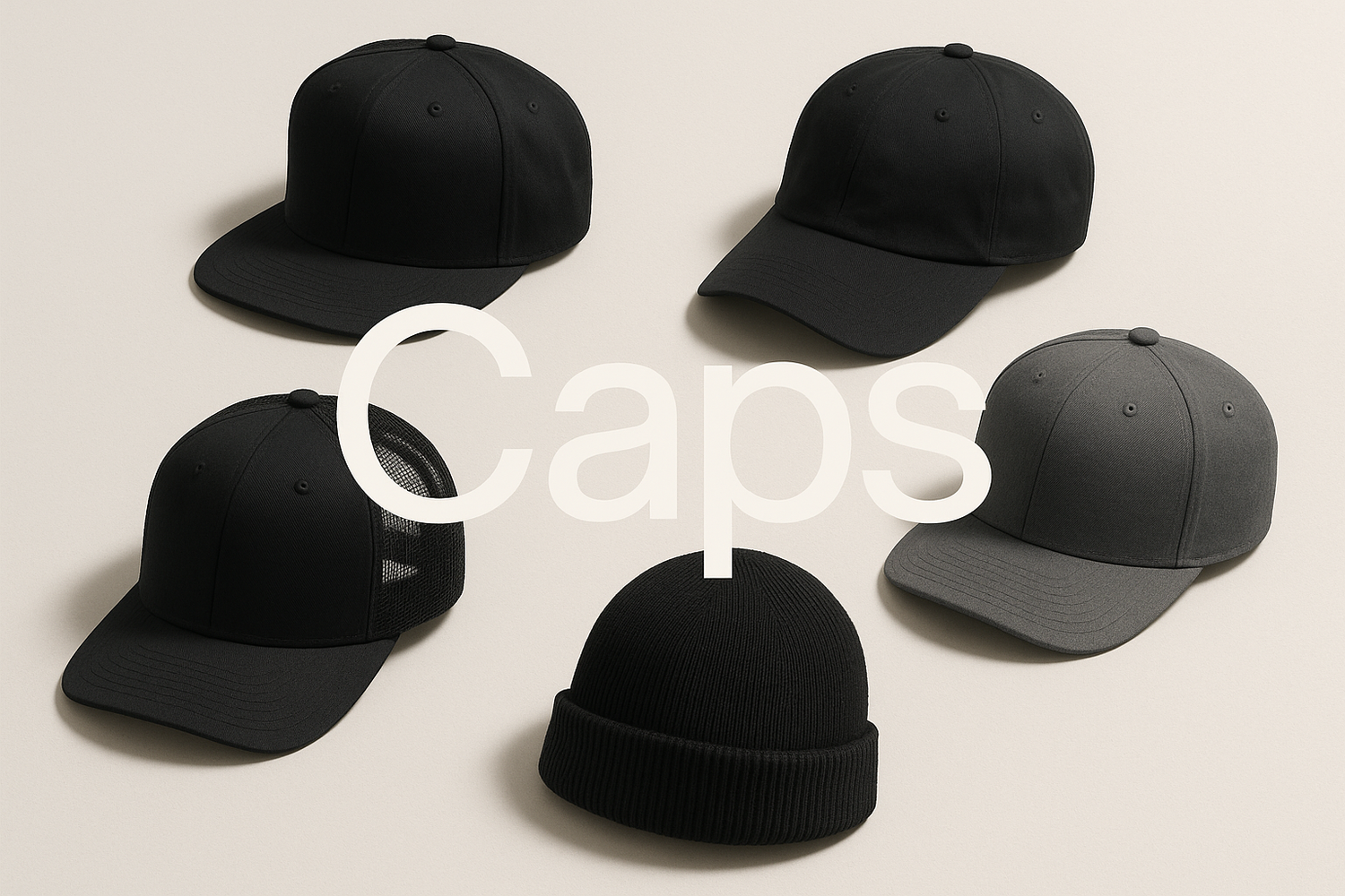 Minimal streetwear fashion product card design. A bold snapback cap, dad cap, trucker cap, fitted cap, and beanie arranged aesthetically on a clean neutral background with soft shadows. Modern typography overlay: “Caps.” Clean, minimal, high-resolution, e-commerce style.