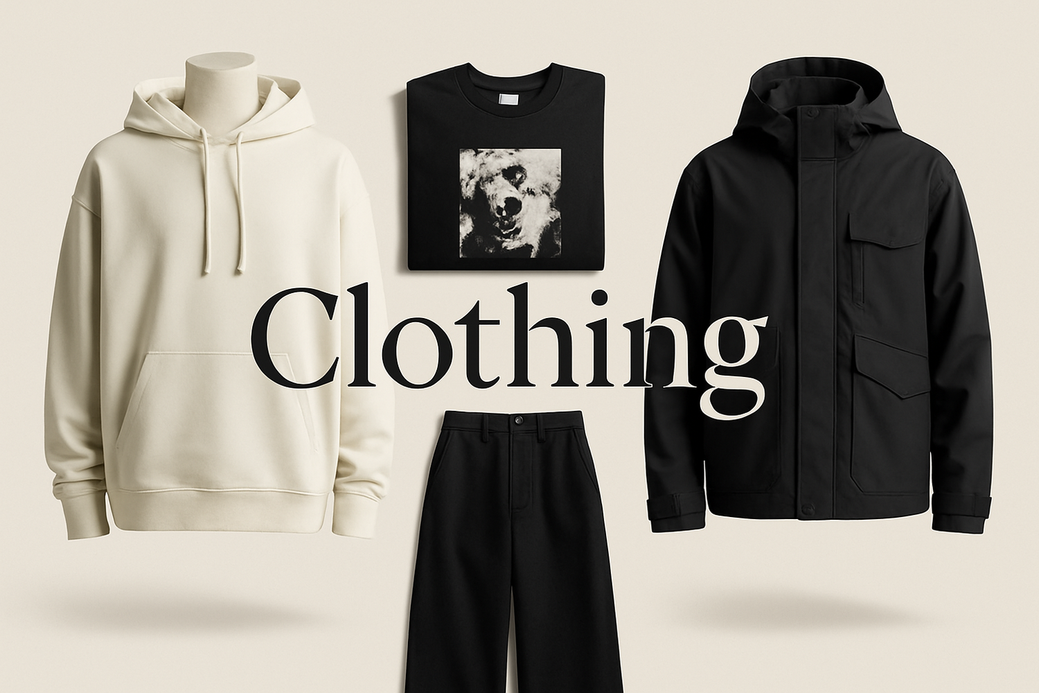 Streetwear clothing card design. Oversized hoodie, graphic tee, wide-leg pants, and a techwear jacket styled on mannequins or neatly folded. Neutral background with soft shadowing, modern typography overlay: “Clothing.” Editorial yet minimal, perfect for online shop categories.