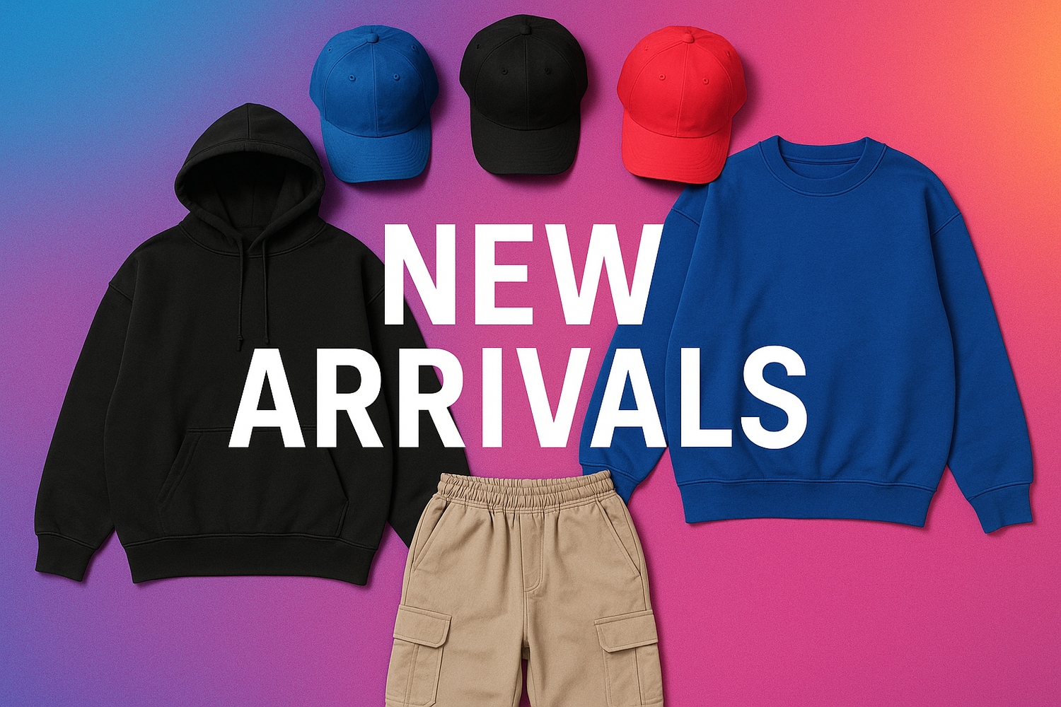 Trendy streetwear showcase card design. A mix of bold caps and oversized outfits arranged like a fashion flat lay. Vibrant but clean urban-inspired background with gradient accents. Typography overlay: “New Arrivals.” High-resolution, modern, stylish.